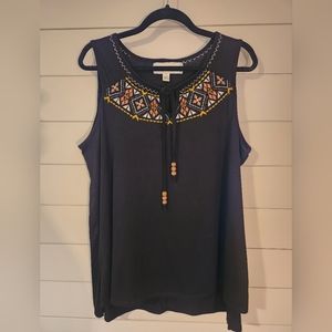 French Laundry Black Sleeveless Top with Embroidered Neckline